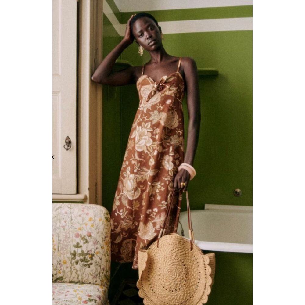 SEZANE Sz 46 14 Chiaretta Dress Adana
Maxi Brown Floral Linen Blend NWT